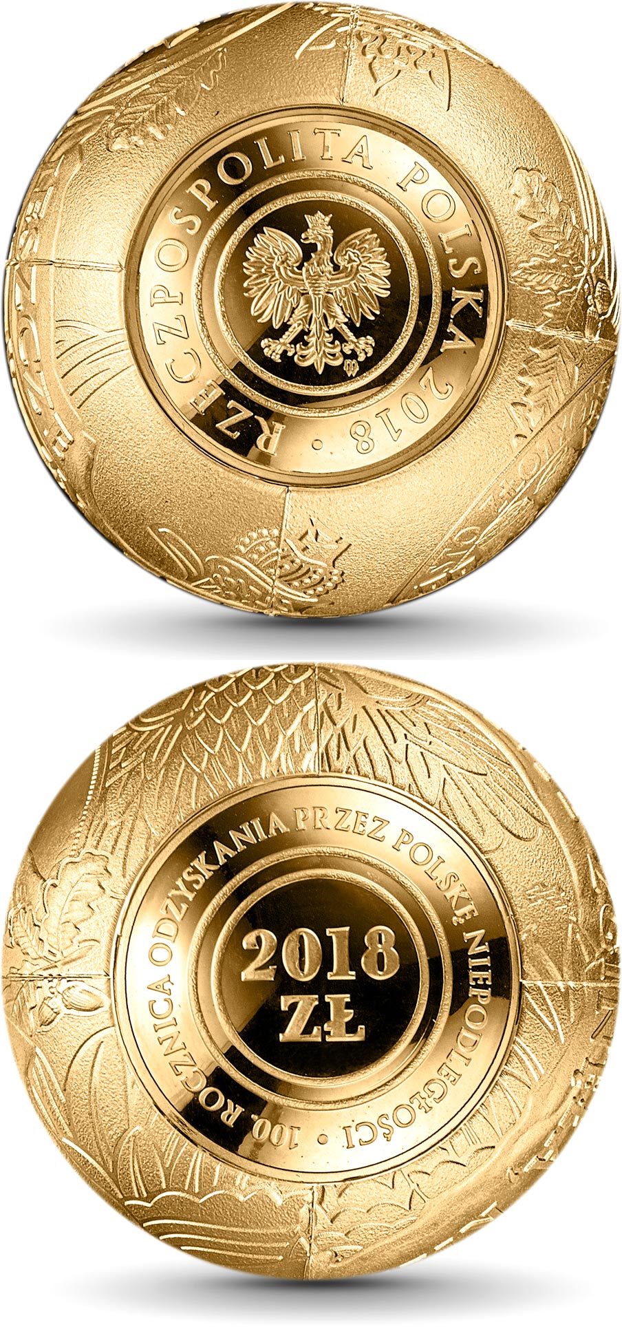 Image of 2018 zloty coin - 100th Anniversary of Regaining Independence by Poland | Poland 2018.  The Gold coin is of Proof quality.