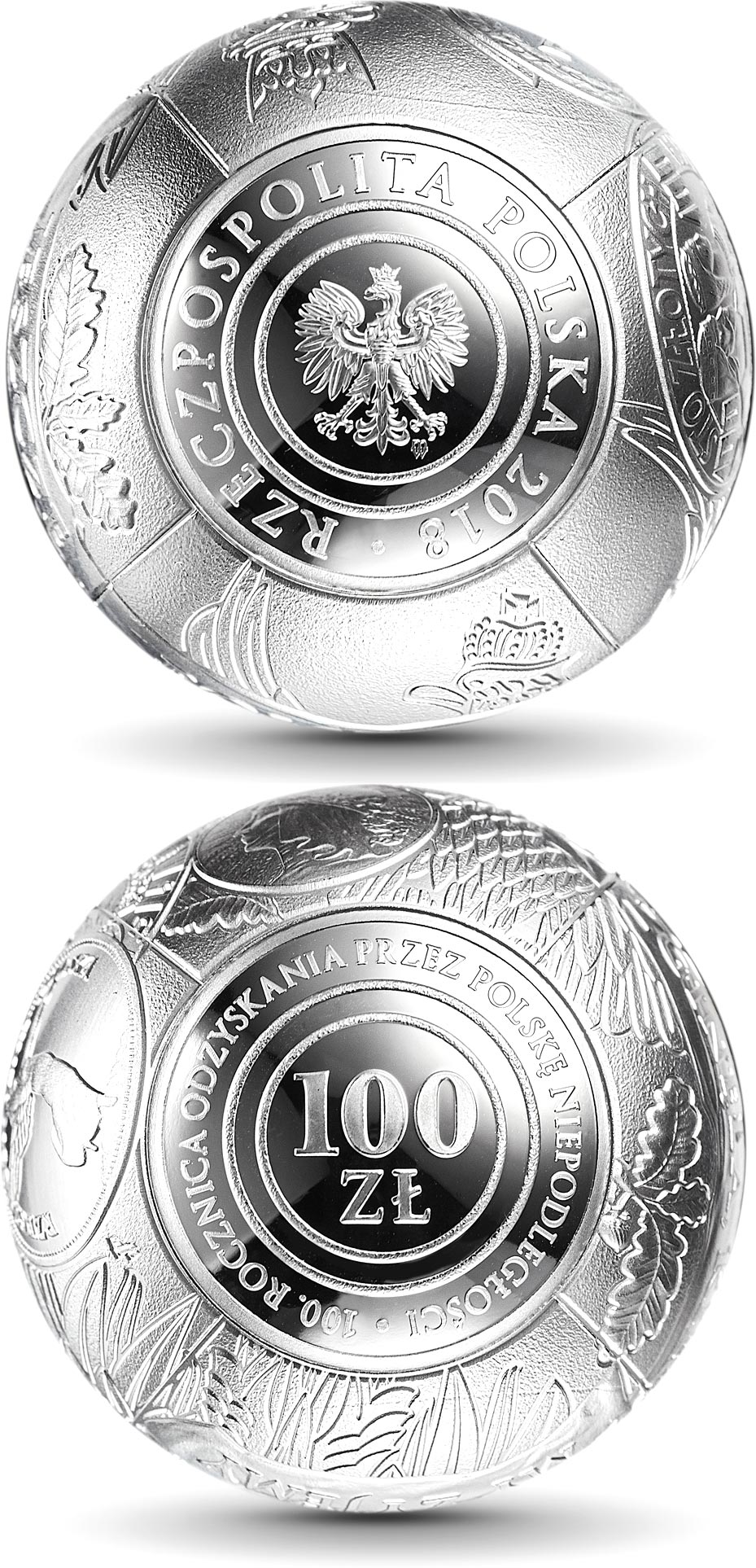 Image of 100 zloty coin - 100th Anniversary of Regaining Independence by Poland | Poland 2018.  The Silver coin is of Proof quality.