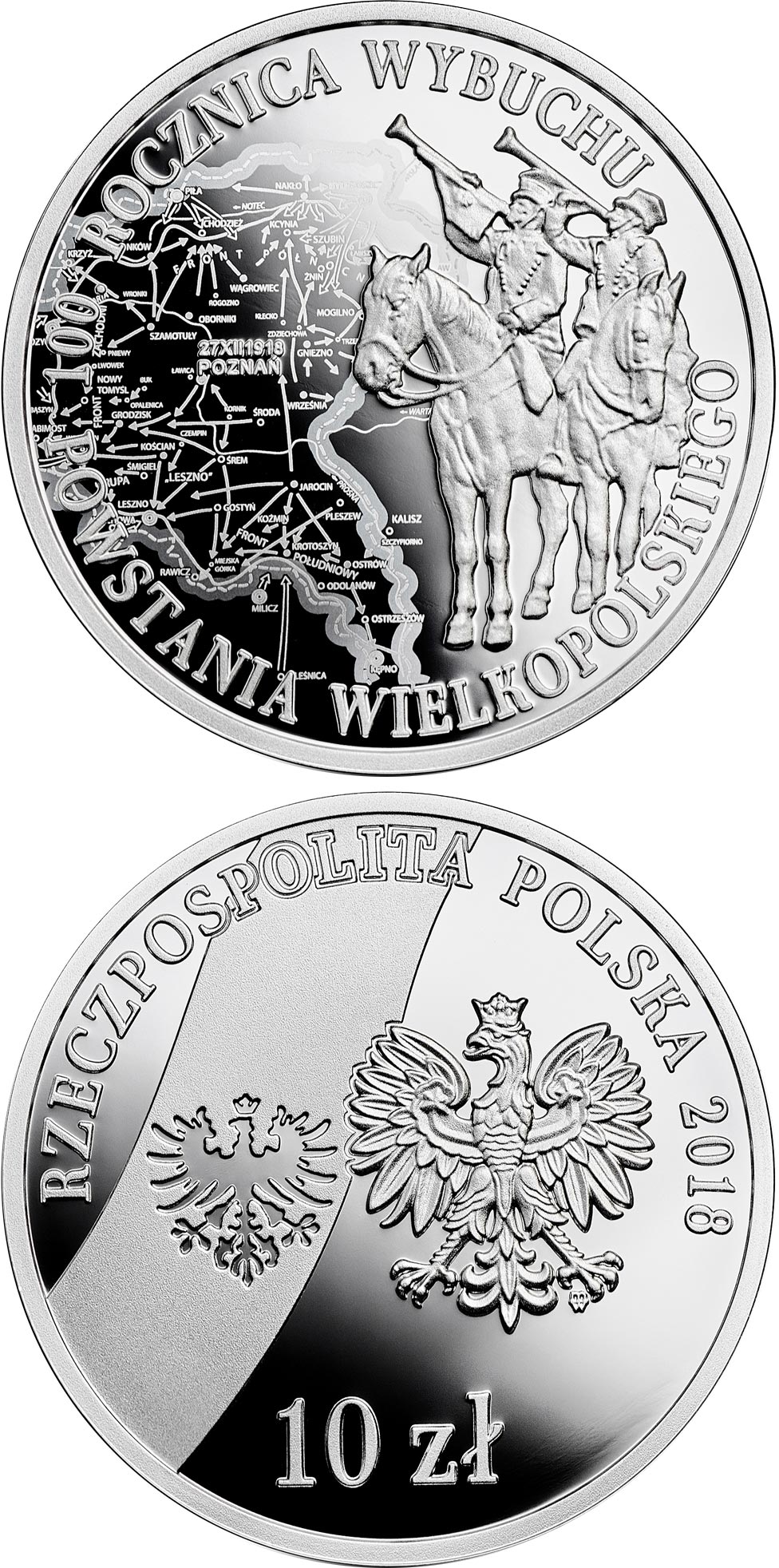 Image of 10 zloty coin - 100th Anniversary of the Outbreak of the Wielkopolskie Uprising | Poland 2018.  The Silver coin is of Proof quality.