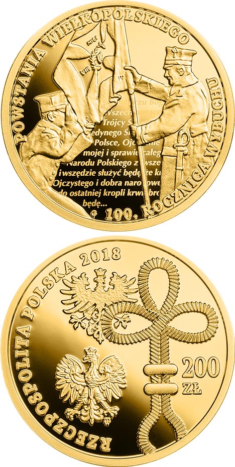 Image of 200 zloty coin - 100th Anniversary of the Outbreak of the Wielkopolskie Uprising | Poland 2018.  The Gold coin is of Proof quality.