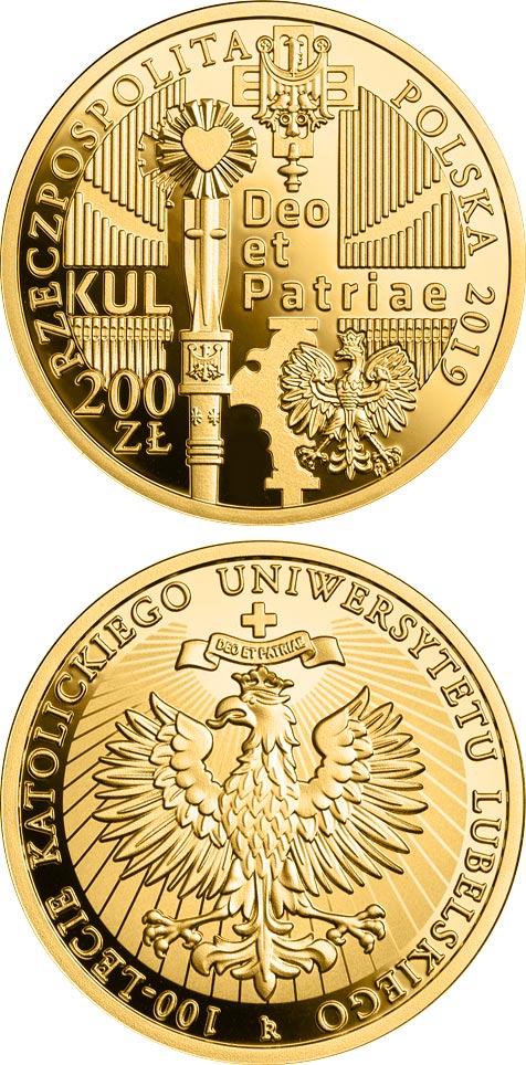 Image of 200 zloty coin - 100th Anniversary of the Catholic University of Lublin | Poland 2019.  The Gold coin is of Proof quality.