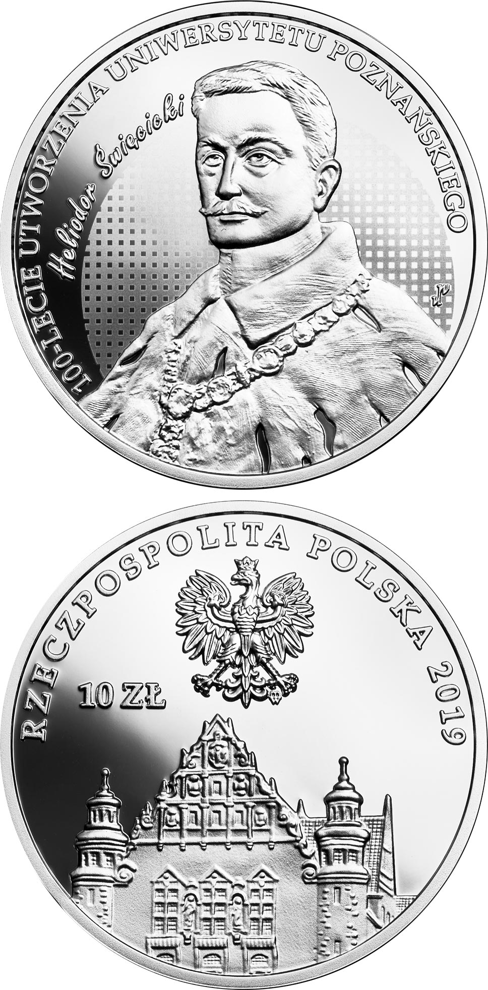 Image of 10 zloty coin - 100th Anniversary of the University of Poznań | Poland 2019.  The Silver coin is of Proof quality.
