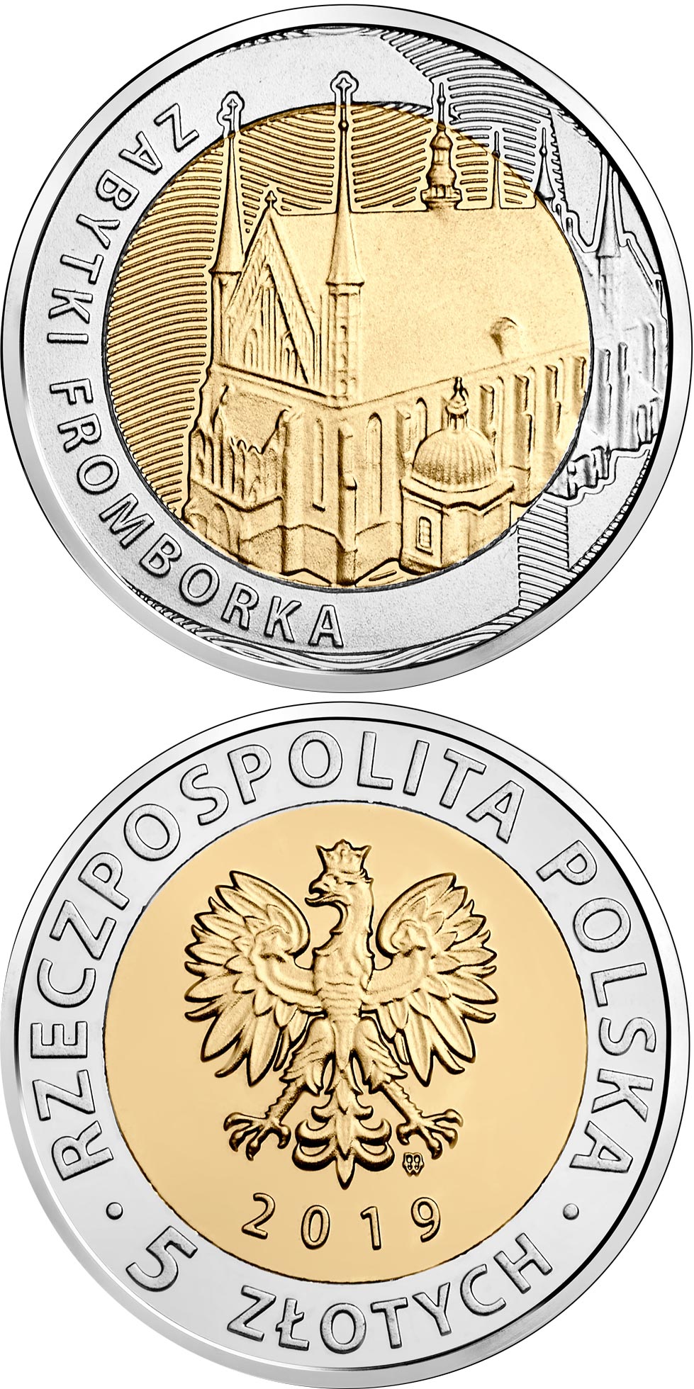 Image of 5 zloty coin - The Monuments of Frombork  | Poland 2019.  The Bimetal: CuNi, nordic gold coin is of UNC quality.
