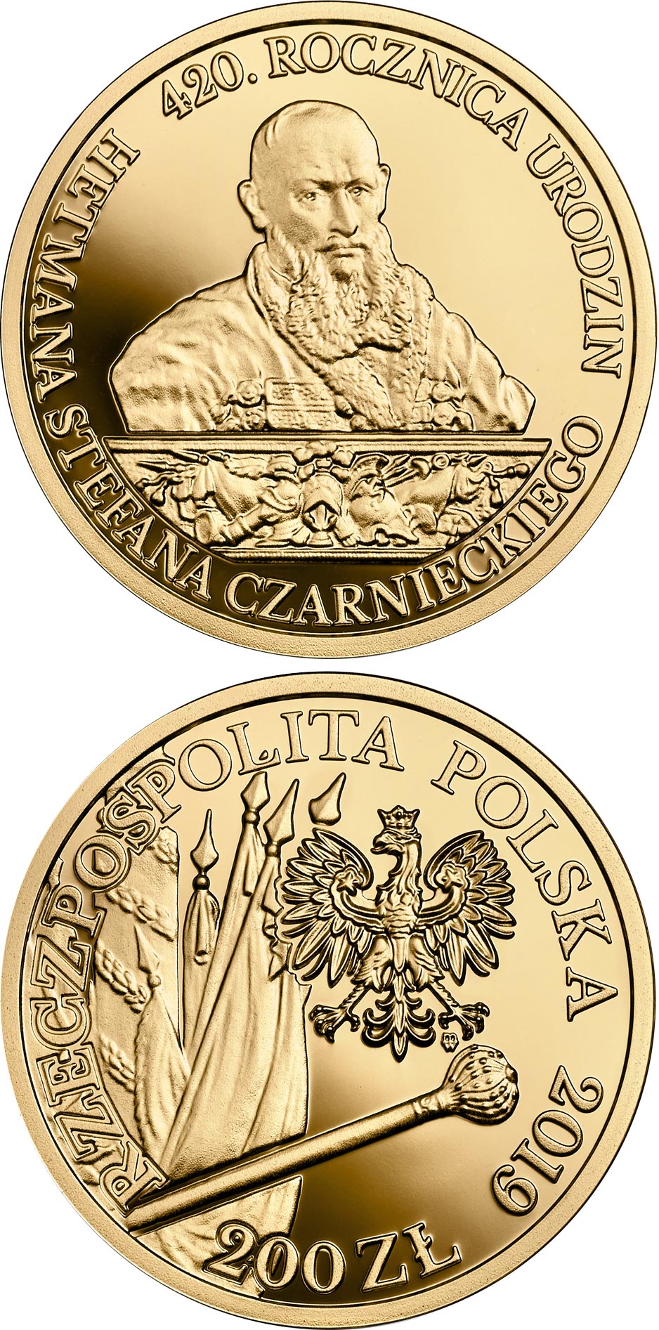 Image of 200 zloty coin - 420th Anniversary of the Birth of Hetman Stefan Czarniecki | Poland 2019.  The Gold coin is of Proof quality.