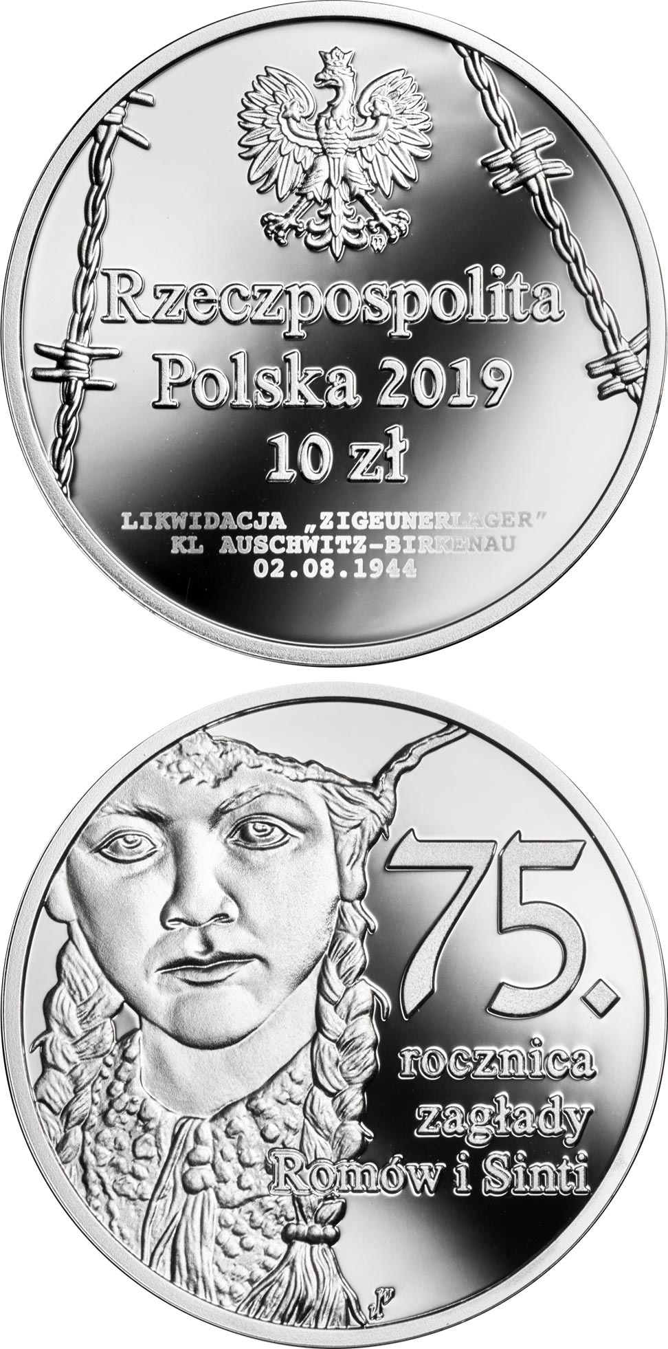 Image of 10 zloty coin - 75th Anniversary of the Romani and Sinti Genocide | Poland 2019.  The Silver coin is of Proof quality.