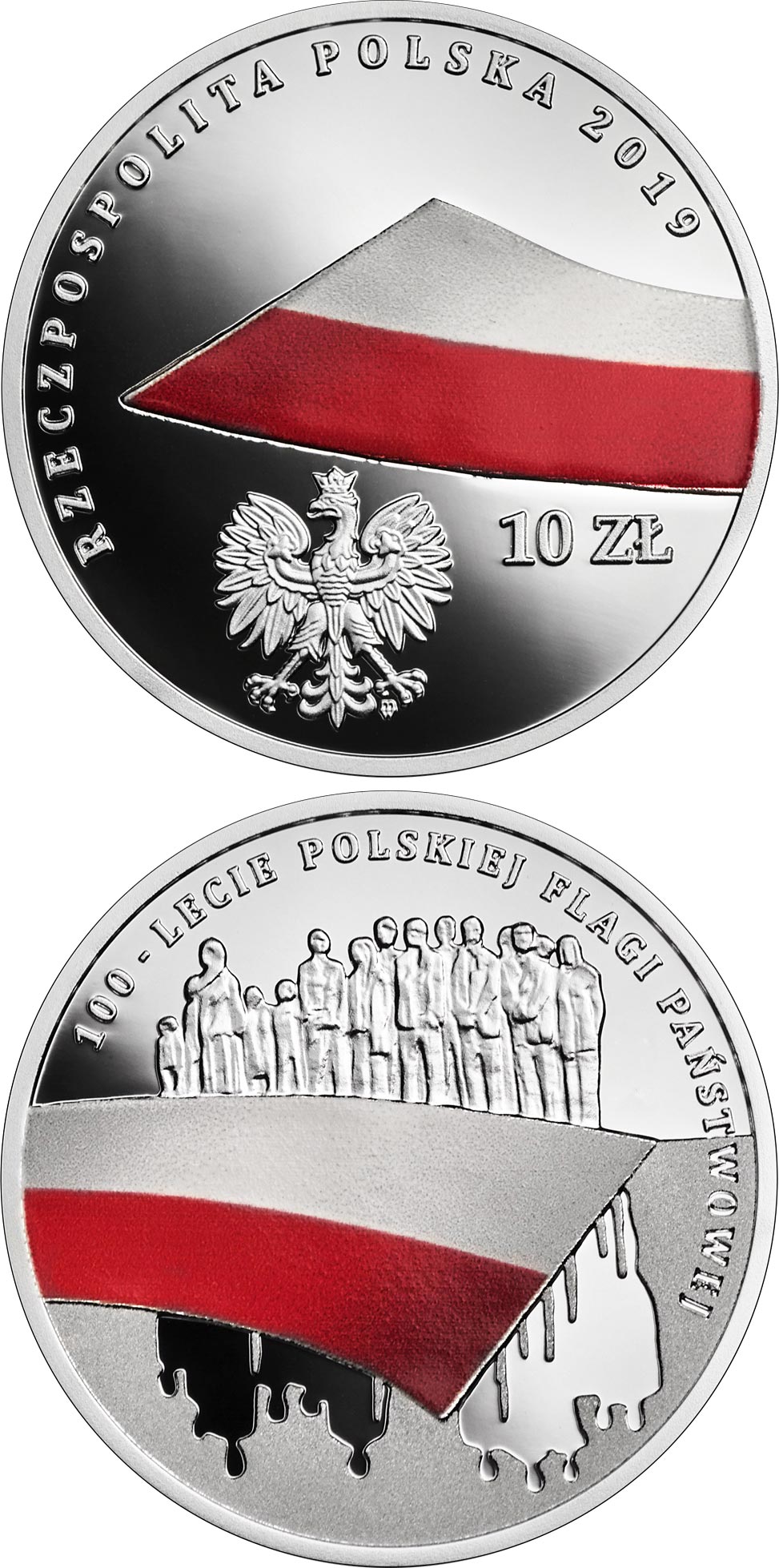 Image of 10 zloty coin - 100th Anniversary of the National Flag of Poland | Poland 2019.  The Silver coin is of Proof quality.