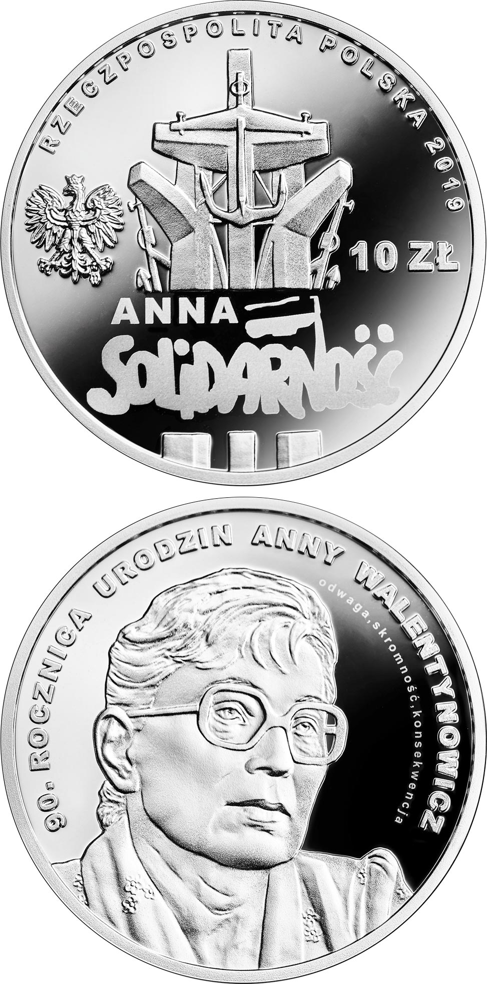 Image of 10 zloty coin - 90th Anniversary of the Birth of Anna Walentynowicz | Poland 2019.  The Silver coin is of Proof quality.