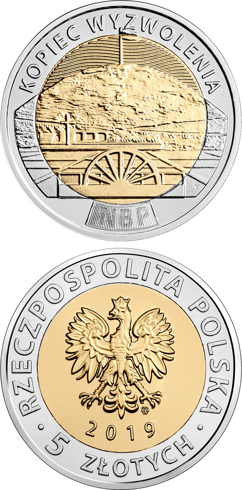 Image of 5 zloty coin - The Liberation Mound  | Poland 2019.  The Bimetal: CuNi, nordic gold coin is of UNC quality.