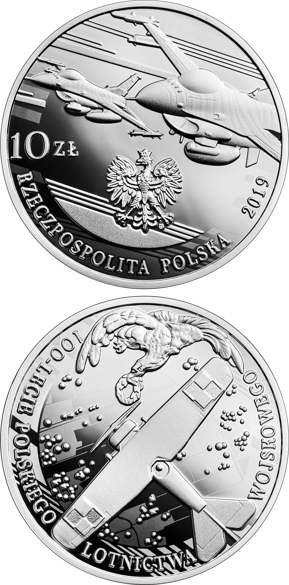 Image of 10 zloty coin - 100th Anniversary of Polish Military Aviation | Poland 2019.  The Silver coin is of Proof quality.