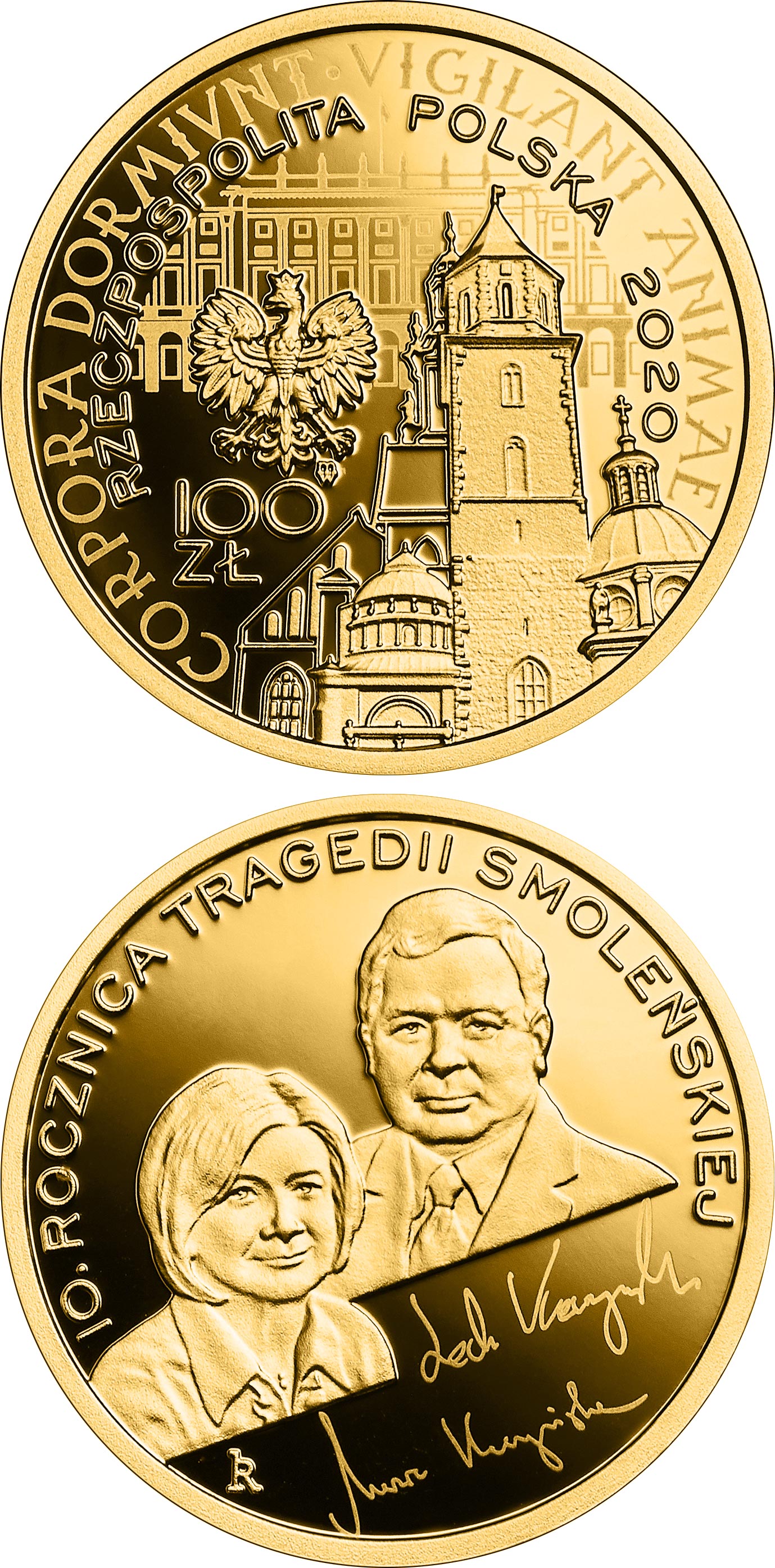 Image of 100 zloty coin - 10th Anniversary of the Smolensk Tragedy  | Poland 2020.  The Gold coin is of Proof quality.