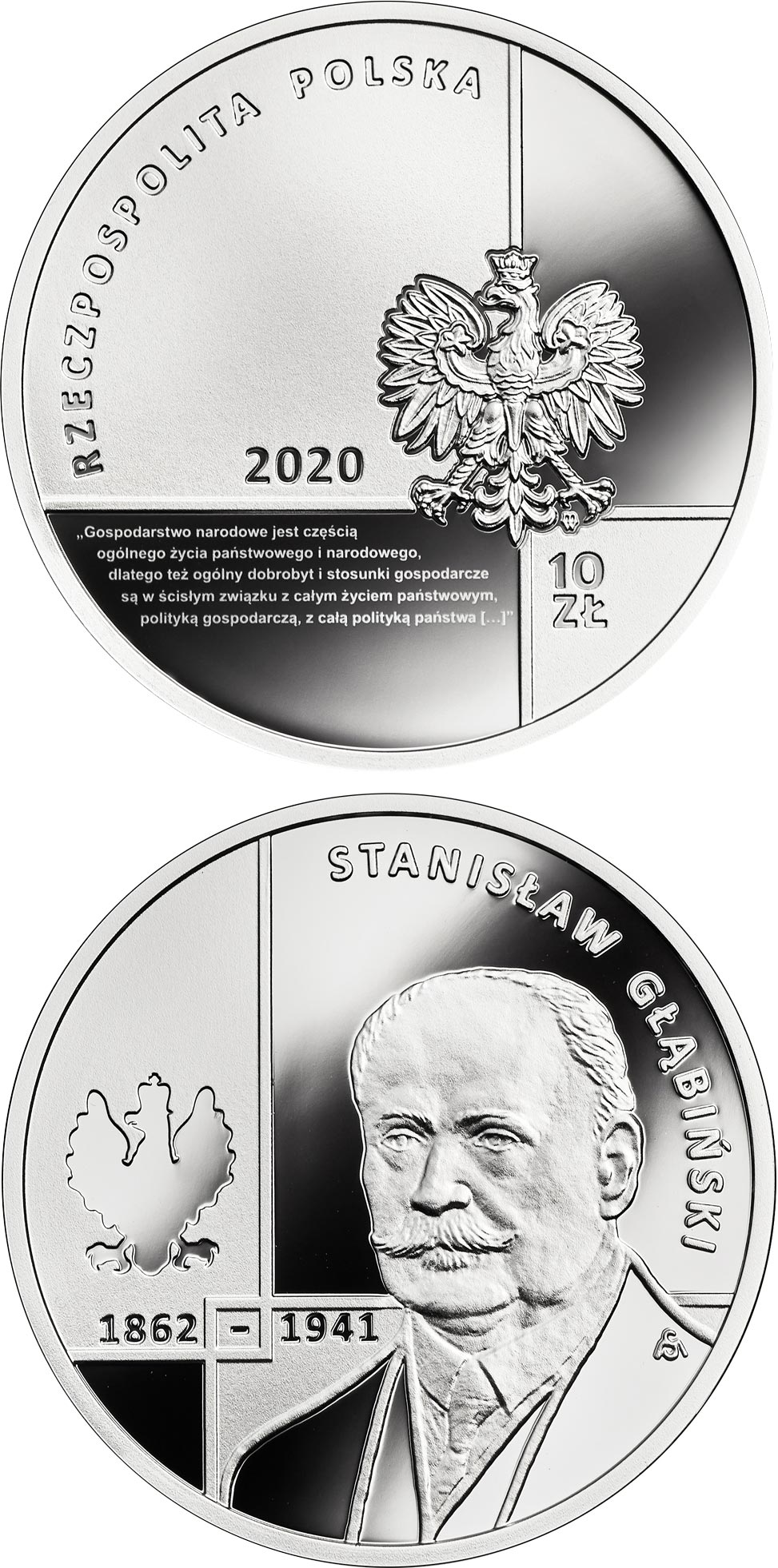 Image of 10 zloty coin - Stanisław Głąbiński | Poland 2020.  The Silver coin is of Proof quality.