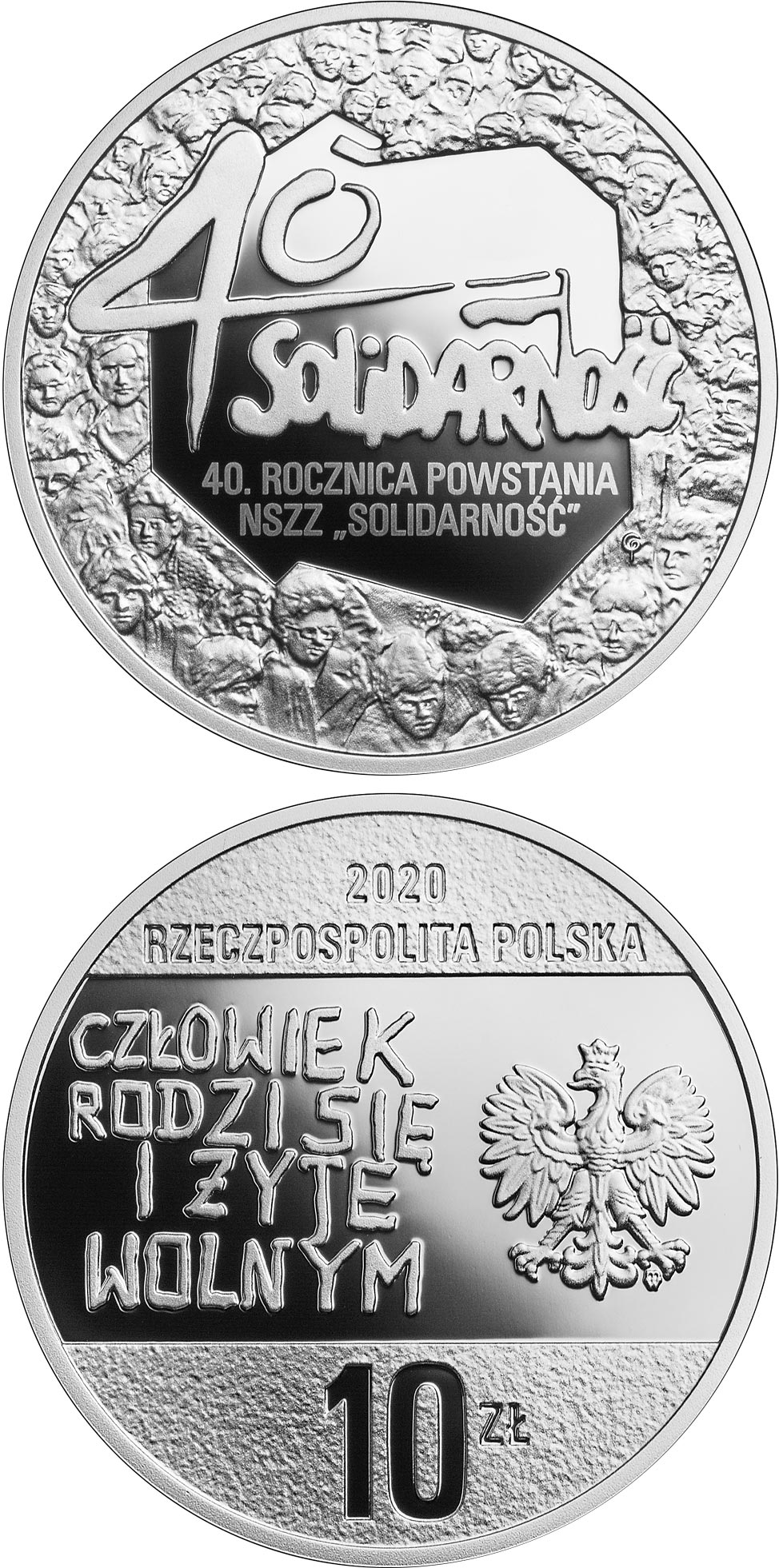 Image of 10 zloty coin - 40th Anniversary of the Solidarity Trade Union | Poland 2020.  The Silver coin is of Proof quality.
