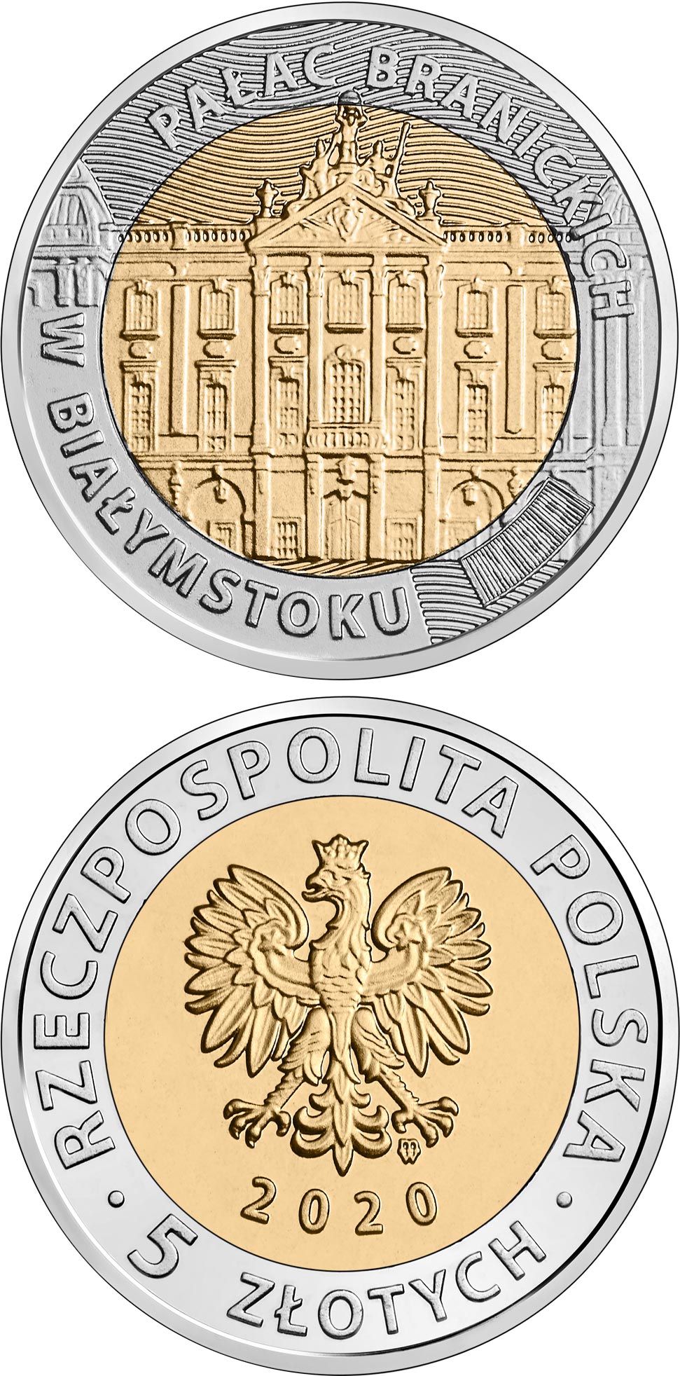 Image of 5 zloty coin - The Branicki Palace in Białystok  | Poland 2020.  The Bimetal: CuNi, nordic gold coin is of UNC quality.
