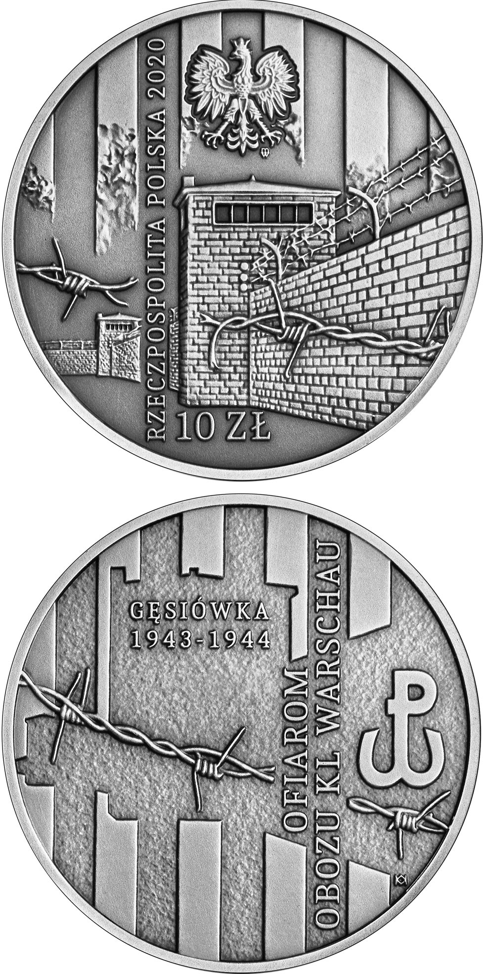 Image of 10 zloty coin - To Victims of the KL Warschau Concentration Camp | Poland 2020.  The Silver coin is of Proof quality.