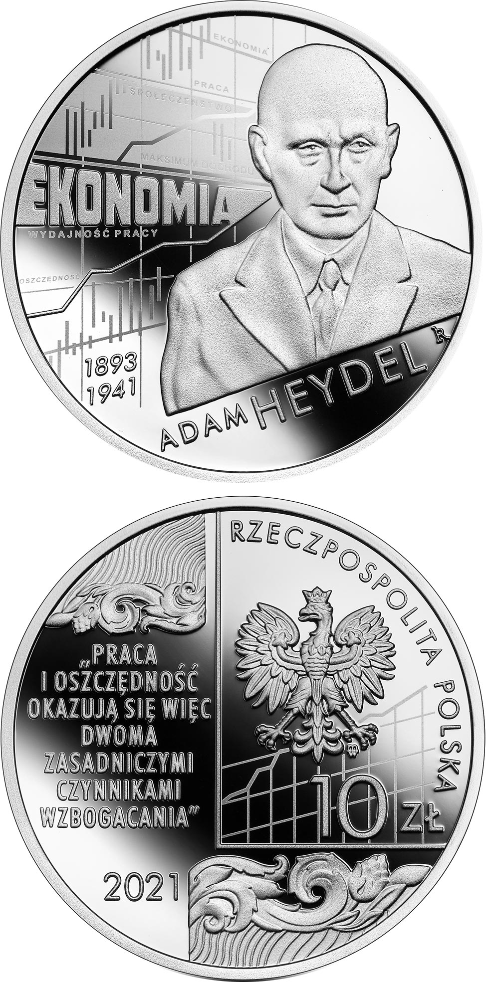 Image of 10 zloty coin - Adam Heydel | Poland 2021.  The Silver coin is of Proof quality.