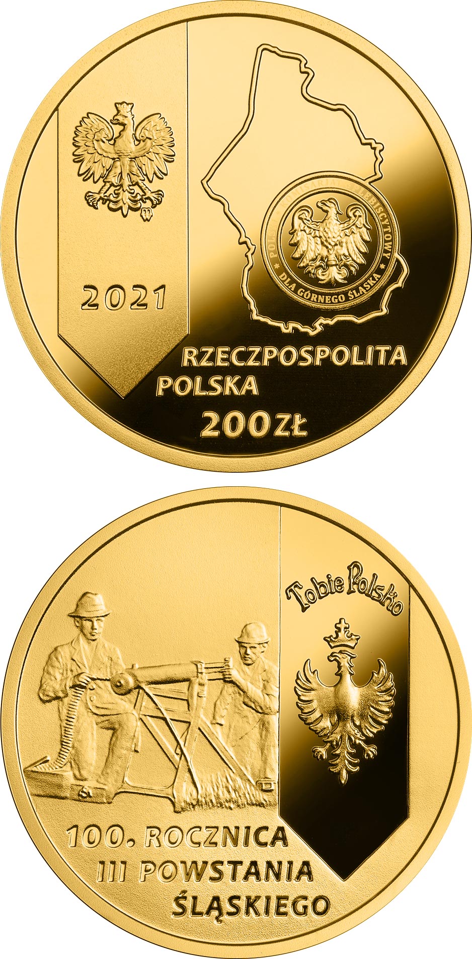 Image of 200 zloty coin - 100th Anniversary of the 3rd Silesian Uprising  | Poland 2021.  The Gold coin is of Proof quality.