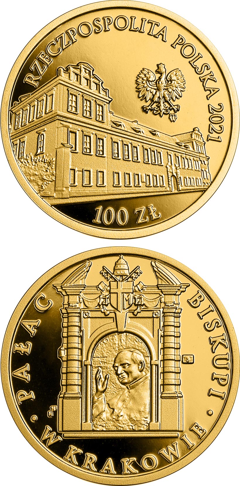 Image of 100 zloty coin - The Bishop's Palace in Kraków  | Poland 2021.  The Gold coin is of Proof quality.