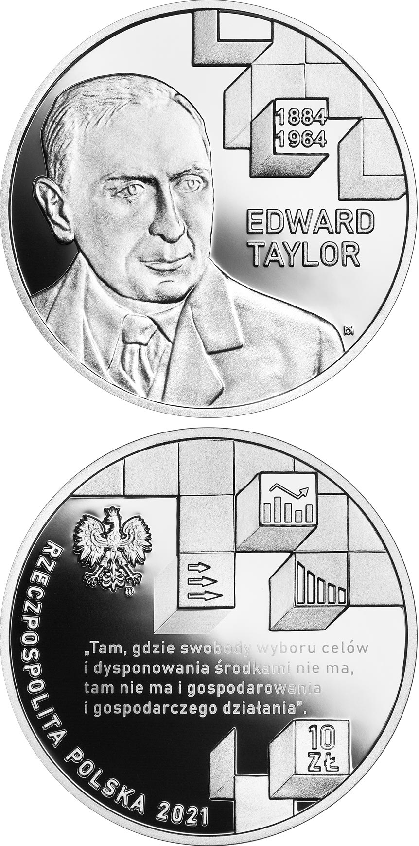 Image of 10 zloty coin - Edward Taylor | Poland 2021.  The Silver coin is of Proof quality.
