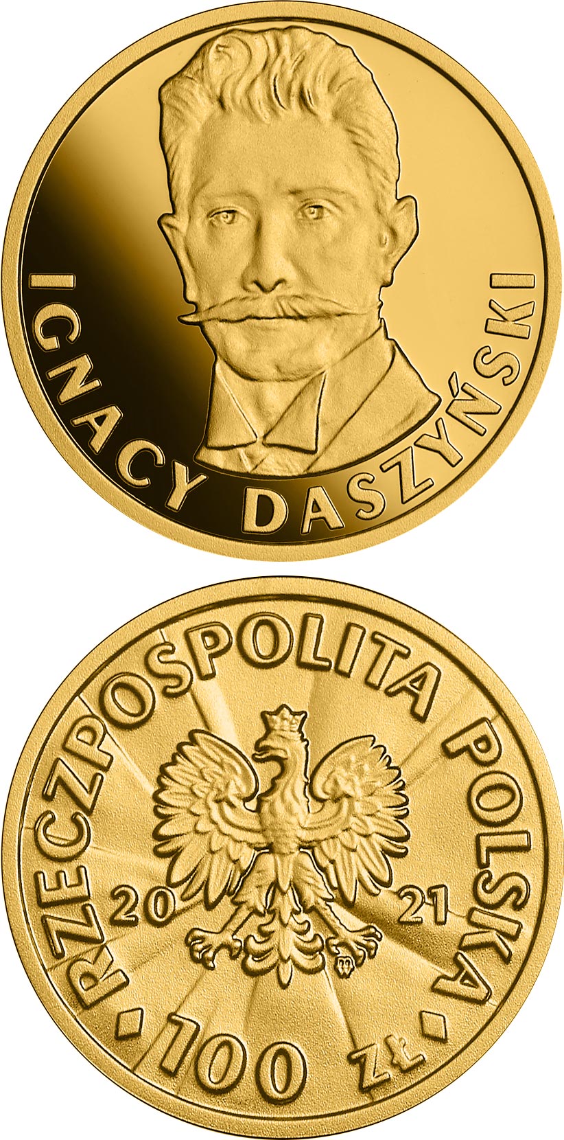Image of 100 zloty coin - 100th Anniversary of Regaining Independence by Poland
– Ignacy Daszyński | Poland 2021.  The Gold coin is of Proof quality.