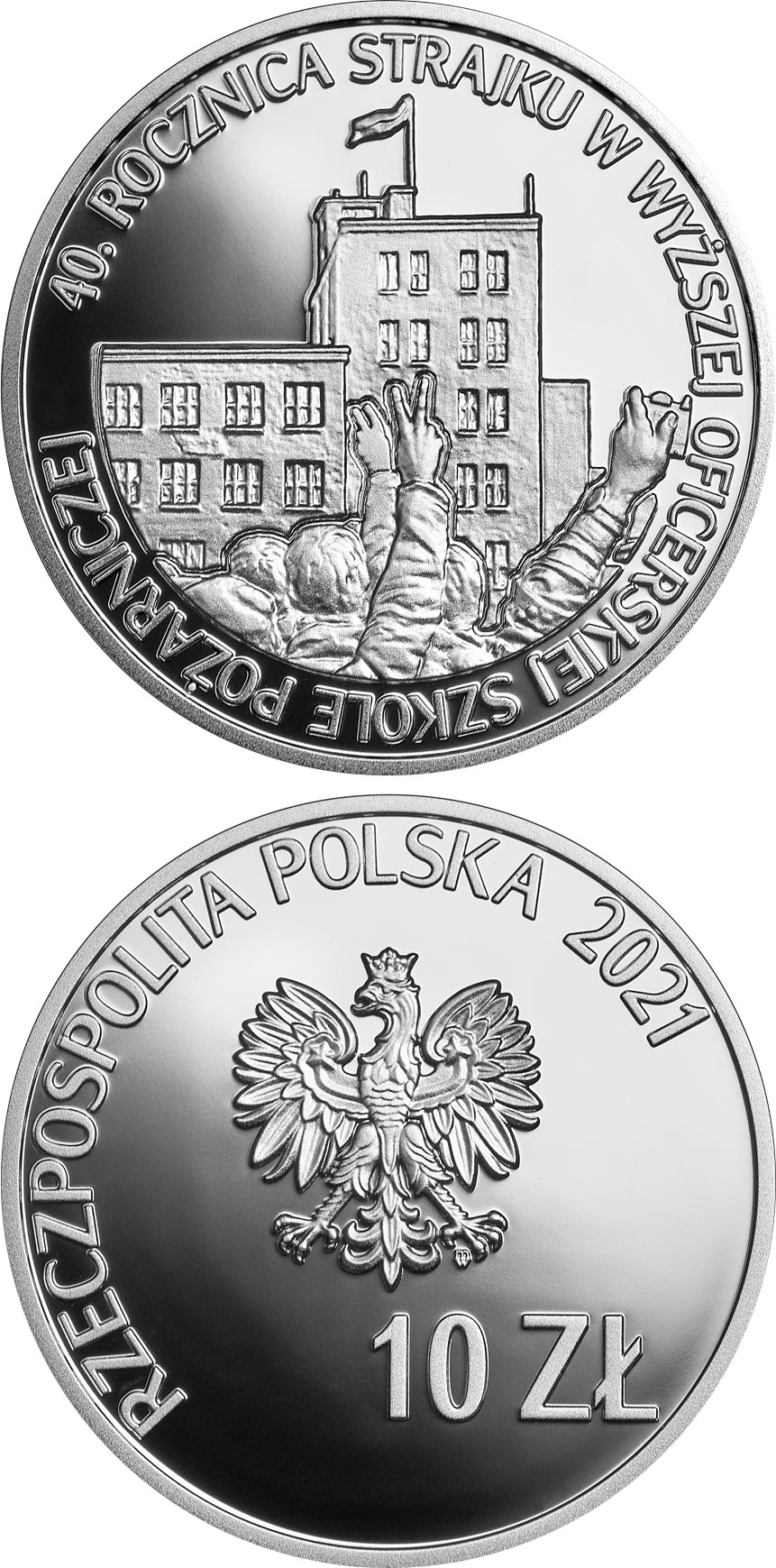 Image of 10 zloty coin - 40th Anniversary of the Strike in the Higher School for Fire Service Officers  | Poland 2021.  The Silver coin is of Proof quality.
