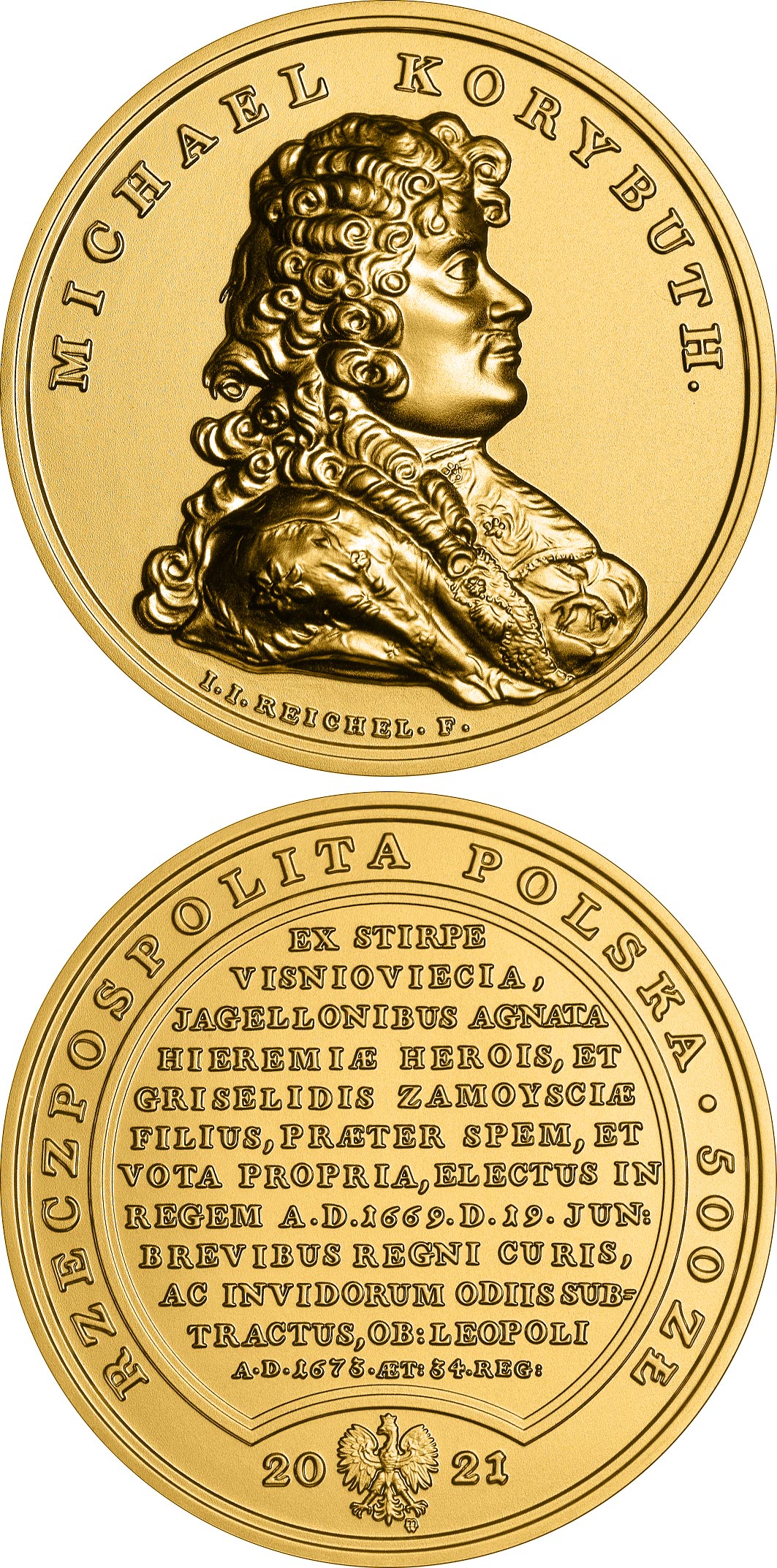 Image of 500 zloty coin - Michał Korybut Wiśniowiecki  | Poland 2021.  The Gold coin is of BU quality.