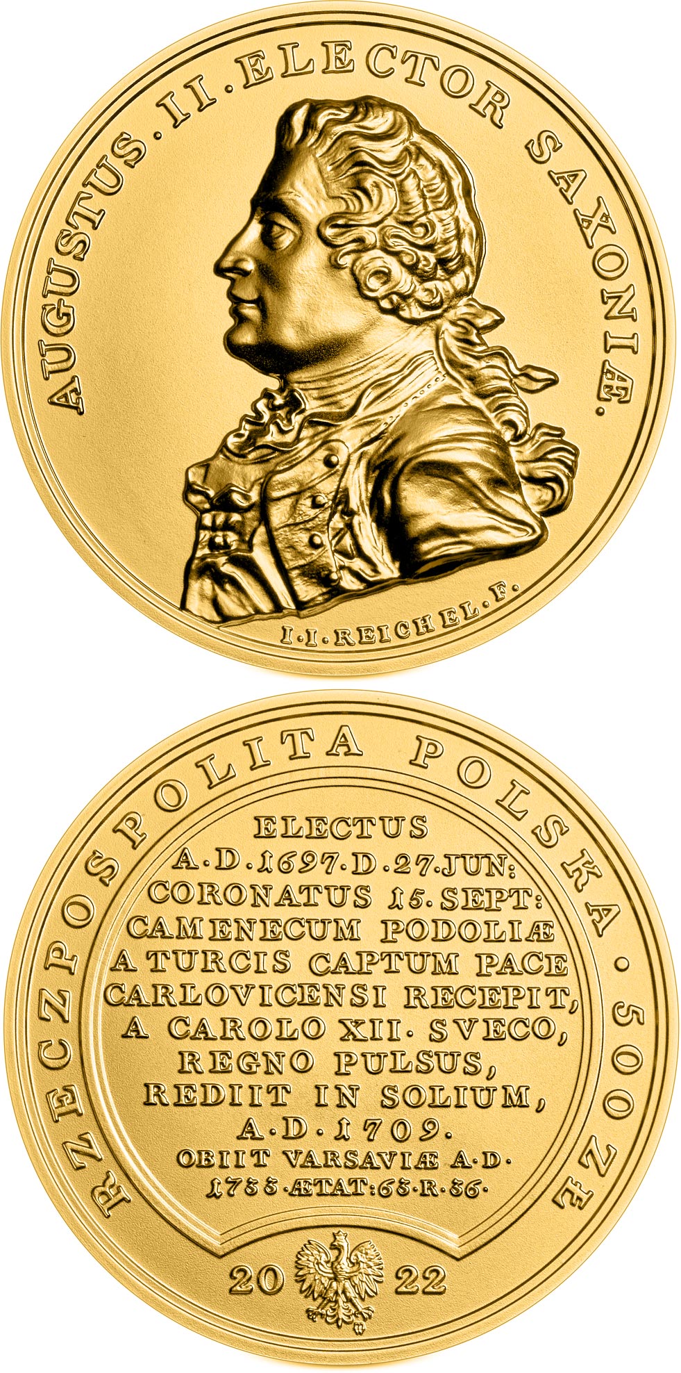 Image of 500 zloty coin - Augustus II the Strong  | Poland 2022.  The Gold coin is of BU quality.