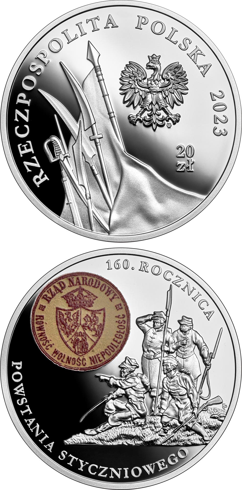 Image of 20 zloty coin - 160th Anniversary of the January Uprising  | Poland 2023.  The Silver coin is of Proof quality.