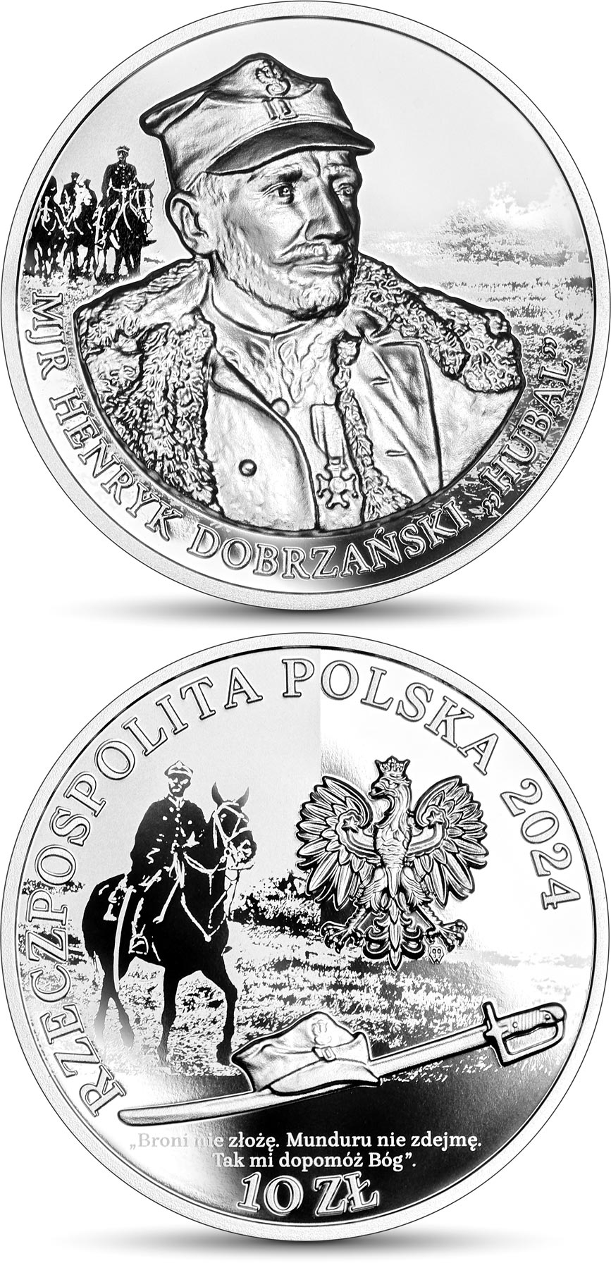 Image of 10 zloty coin - Major Henryk Dobrzański Hubal | Poland 2024.  The Silver coin is of Proof quality.