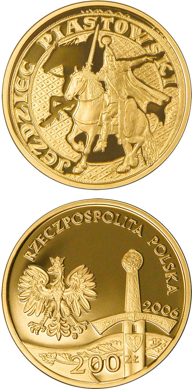 Image of 200 zloty coin - The Piast Horseman | Poland 2006.  The Gold coin is of Proof quality.