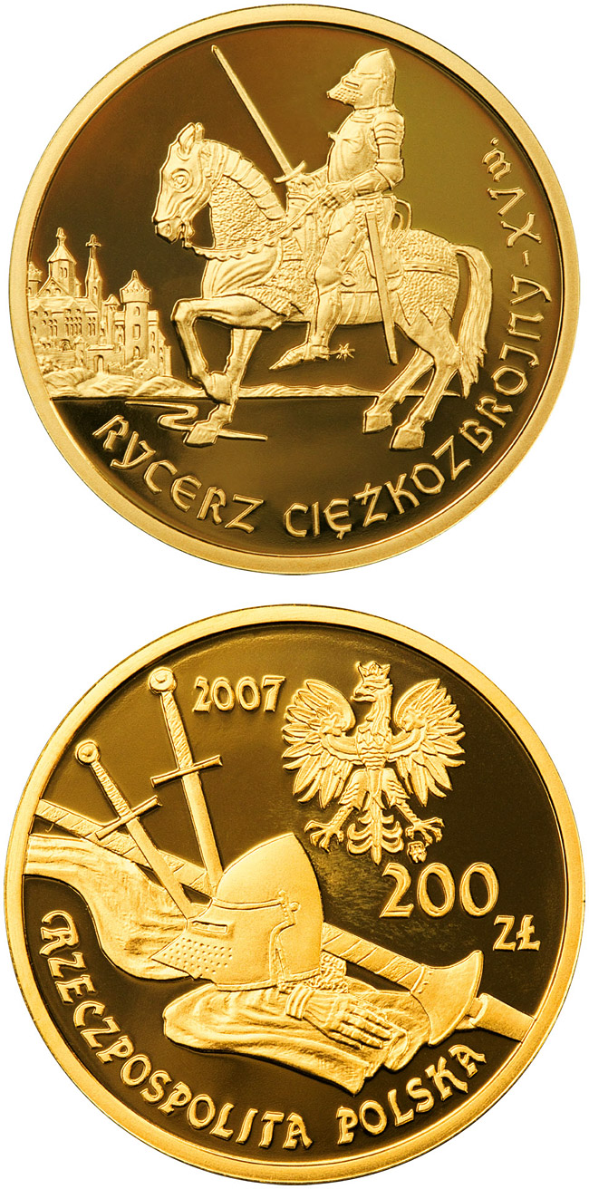 Image of 200 zloty coin - The Mounted Knight 15th Century | Poland 2007.  The Gold coin is of Proof quality.