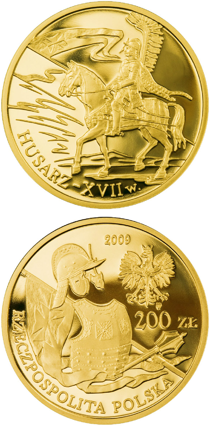 Image of 200 zloty coin - Winged cavalryman 17th Century | Poland 2009.  The Gold coin is of Proof quality.