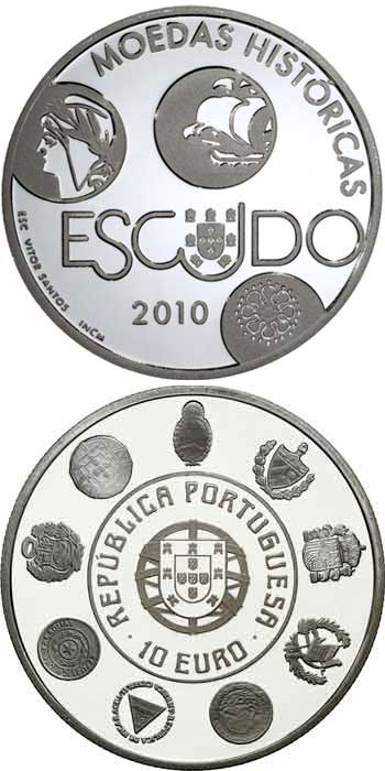 Image of 10 euro coin - VIII Ibero-American Series - Historical Coins - The Escudo | Portugal 2010.  The Silver coin is of Proof, UNC quality.