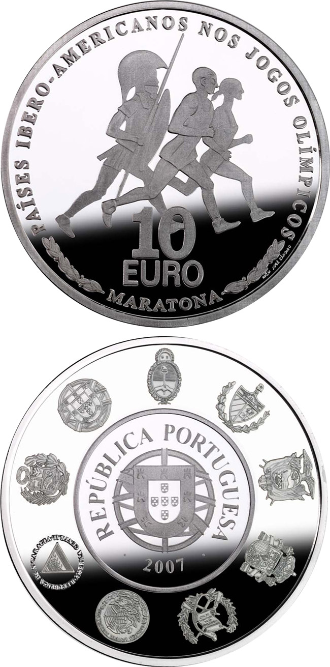 Image of 10 euro coin - VII Ibero-American Series: Olympic sports – Marathon | Portugal 2007.  The Silver coin is of Proof, UNC quality.