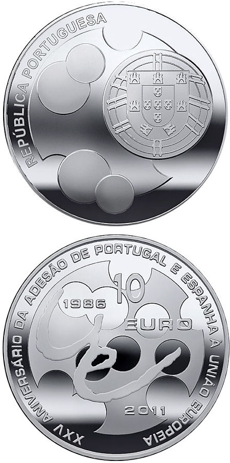 Image of 10 euro coin - 25th Anniversary of the Accession of Spain and Portugal to the EU | Portugal 2011.  The Silver coin is of Proof, UNC quality.