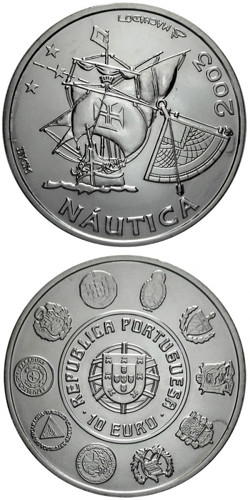 Image of 10 euro coin - V Ibero-American Series: Sailing | Portugal 2003.  The Silver coin is of Proof, UNC quality.