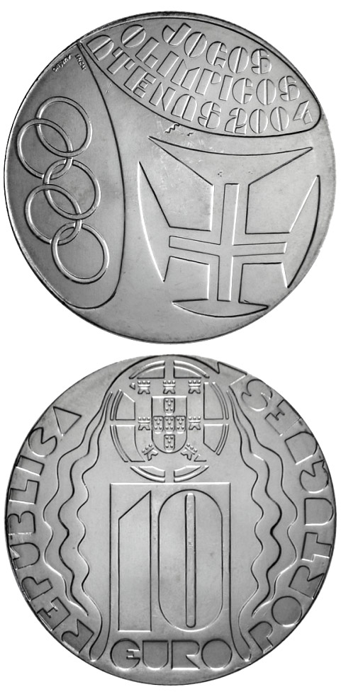 Image of 10 euro coin - Summer Olympic Games in Athens | Portugal 2004.  The Silver coin is of Proof, UNC quality.