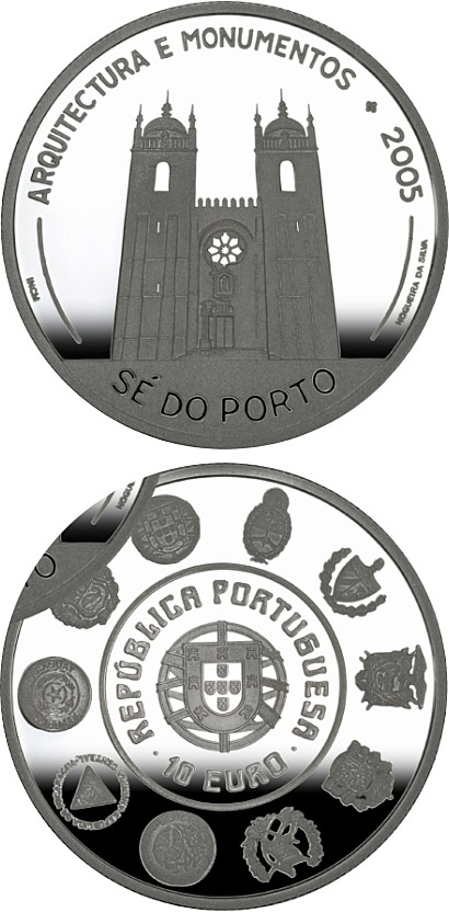 Image of 10 euro coin - VI Ibero-American Series: Architecture and Buildings – Cathedral Sé do Porto  | Portugal 2005.  The Silver coin is of Proof, UNC quality.