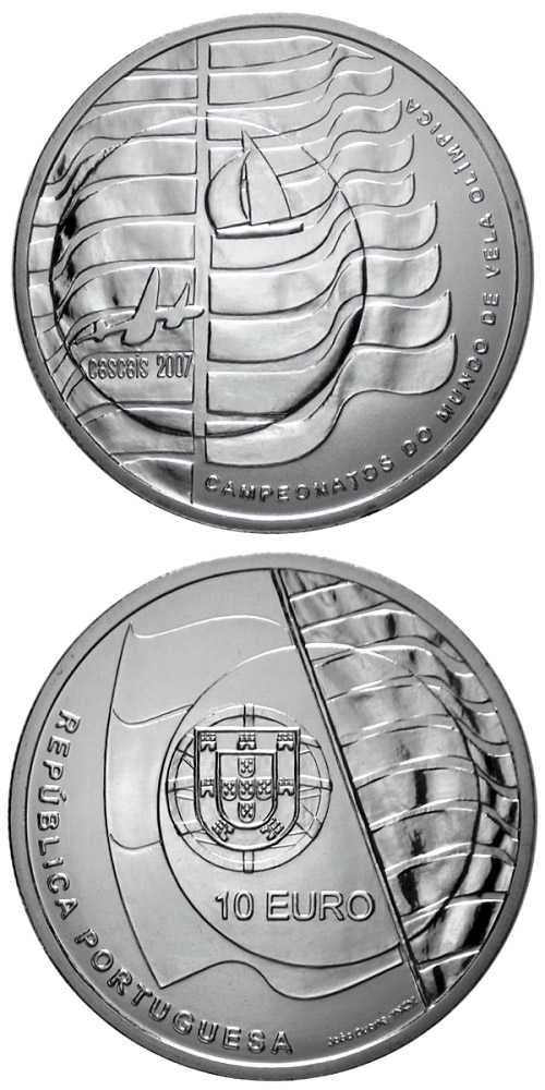 Image of 10 euro coin - Sailing Championships in Cascais  | Portugal 2007.  The Silver coin is of Proof, UNC quality.