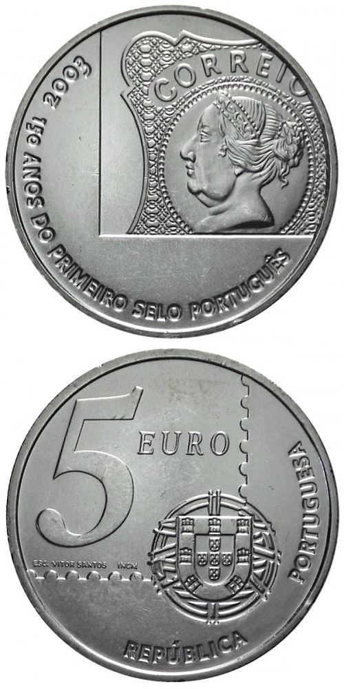 Image of 5 euro coin - 150 years Portuguese stamps | Portugal 2003.  The Silver coin is of Proof, BU, UNC quality.