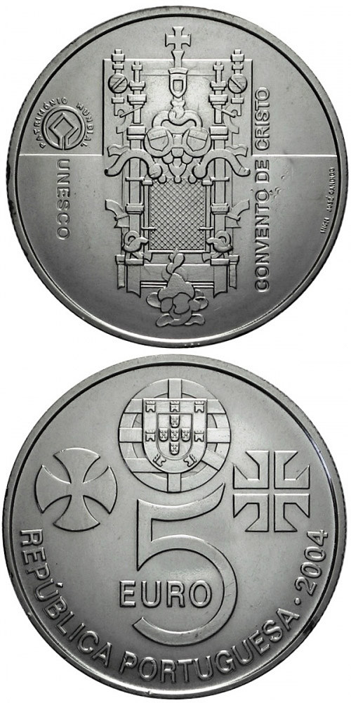 Image of 5 euro coin - Monastery of Christ in Tomar | Portugal 2004.  The Silver coin is of Proof, UNC quality.