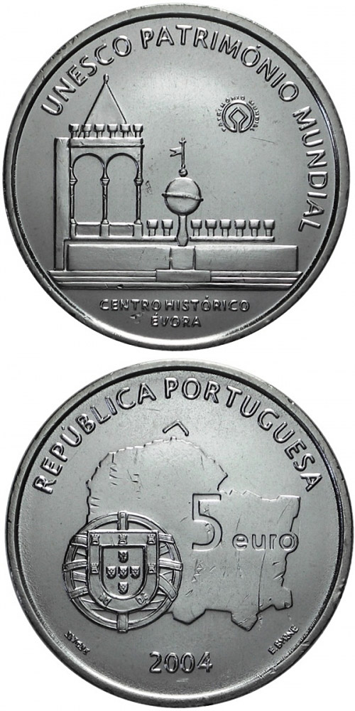 Image of 5 euro coin - Historic Centre of Evora | Portugal 2004.  The Silver coin is of Proof, UNC quality.