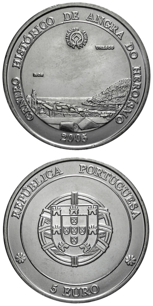 Image of 5 euro coin - Historic Centre of Angra do Heroismo | Portugal 2005.  The Silver coin is of Proof, UNC quality.