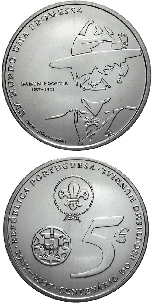 Image of 5 euro coin - 100 years boy scouts | Portugal 2007.  The Silver coin is of Proof, BU, UNC quality.