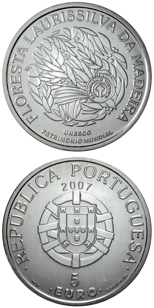 Image of 5 euro coin - Laurisilva forests of Madeira  | Portugal 2007.  The Silver coin is of Proof, UNC quality.