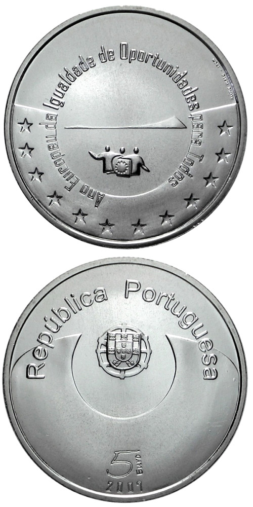 Image of 5 euro coin - European Year of Equal Opportunities for All | Portugal 2007.  The Silver coin is of Proof, BU, UNC quality.