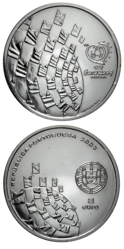 Image of 8 euro coin - Football European Championship 2004 - Football is a celebration | Portugal 2003.  The Silver coin is of Proof, BU, UNC quality.