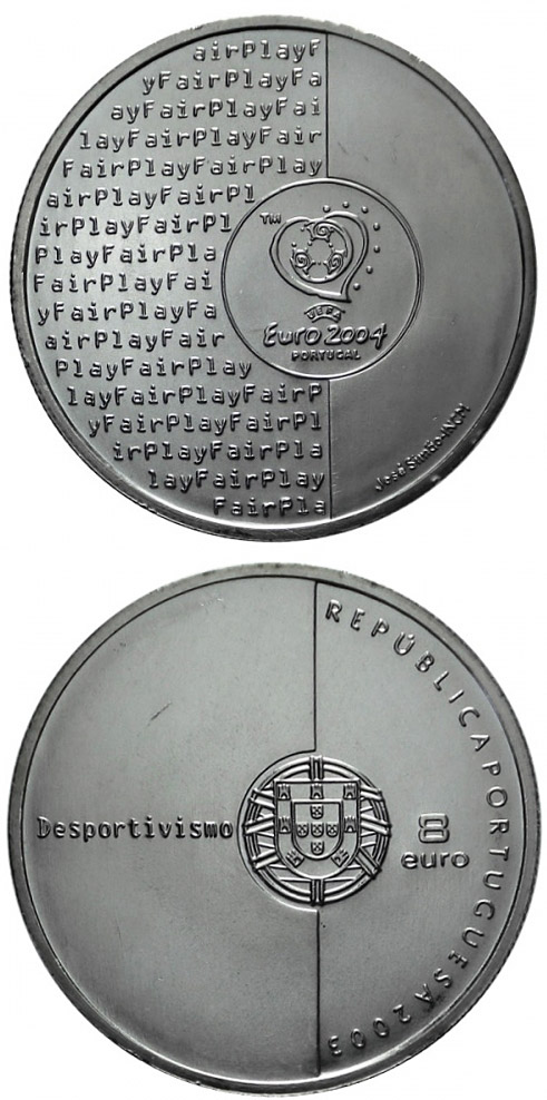 Image of 8 euro coin - Football European Championship 2004 - Football is Fair Play | Portugal 2003.  The Silver coin is of Proof, BU, UNC quality.