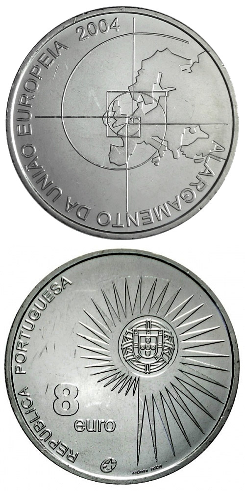 Image of 8 euro coin - Enlargement of the European Union | Portugal 2004.  The Silver coin is of Proof, UNC quality.
