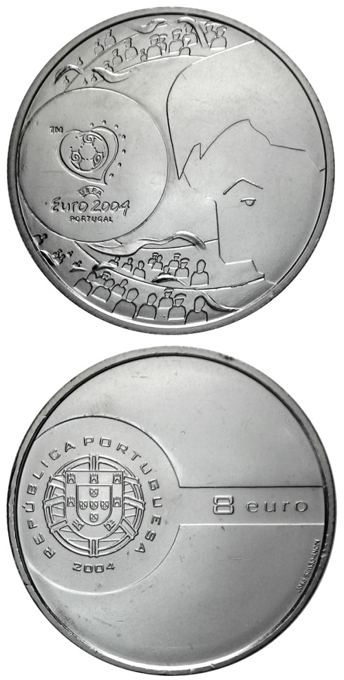 Image of 8 euro coin - Football European Championship 2004 - The goal shot | Portugal 2004.  The Silver coin is of Proof, BU, UNC quality.