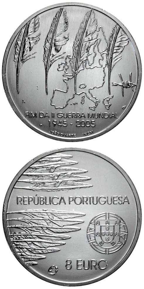 Image of 8 euro coin - 60 years Peace and Freedom | Portugal 2005.  The Silver coin is of Proof, UNC quality.